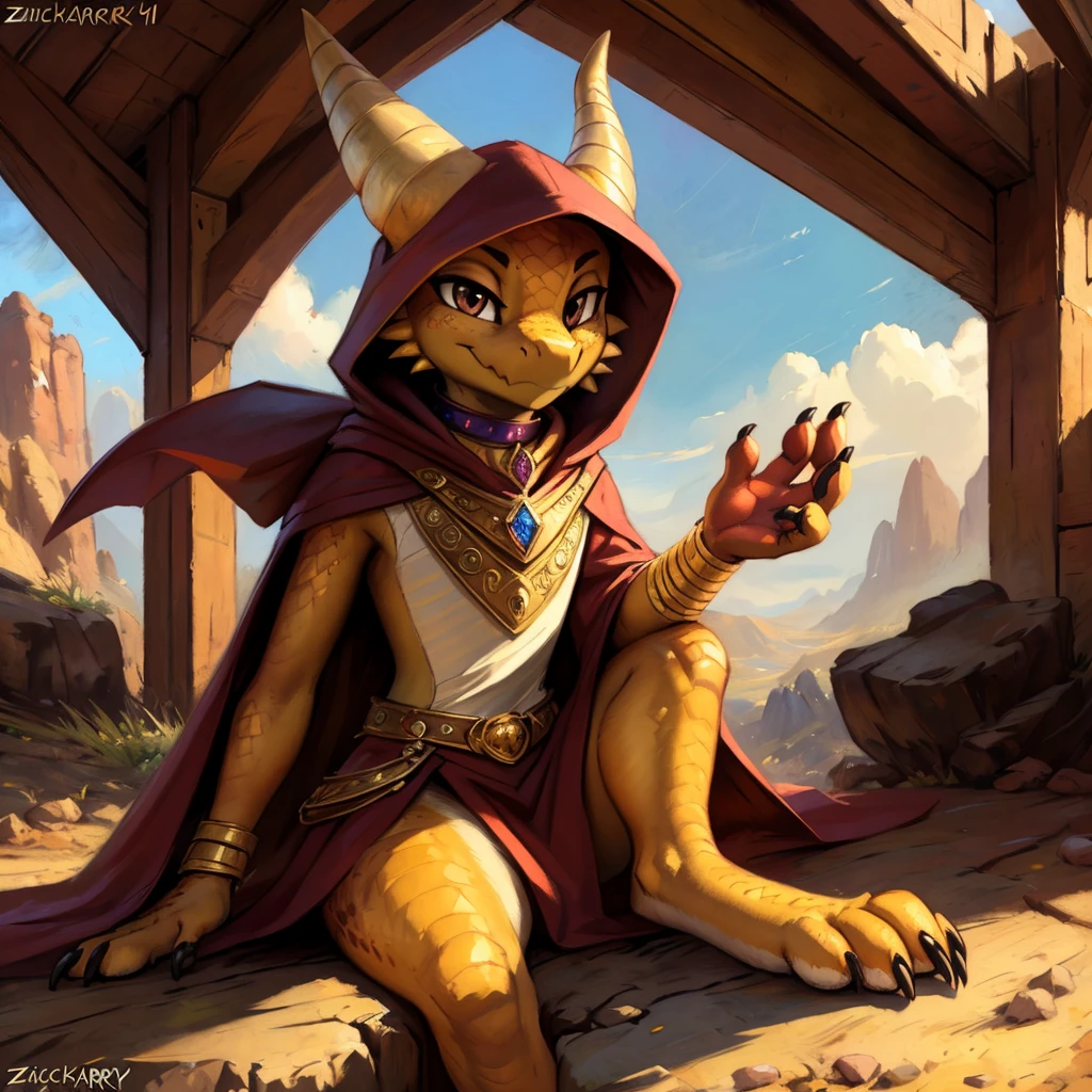 (((by Zackary911, by Kenket, by Kilinah))), solo female, bright gold skin, gold scales, (((gold Kobold)), (detailed gold kobold)) wearing a cloak with a hood, gem on the collar, bandaged thighs and bandaged chest, squirrel ears, gold kobold tail, front view, looking at the observer with a smug smile, perspective, finely detailed paws,