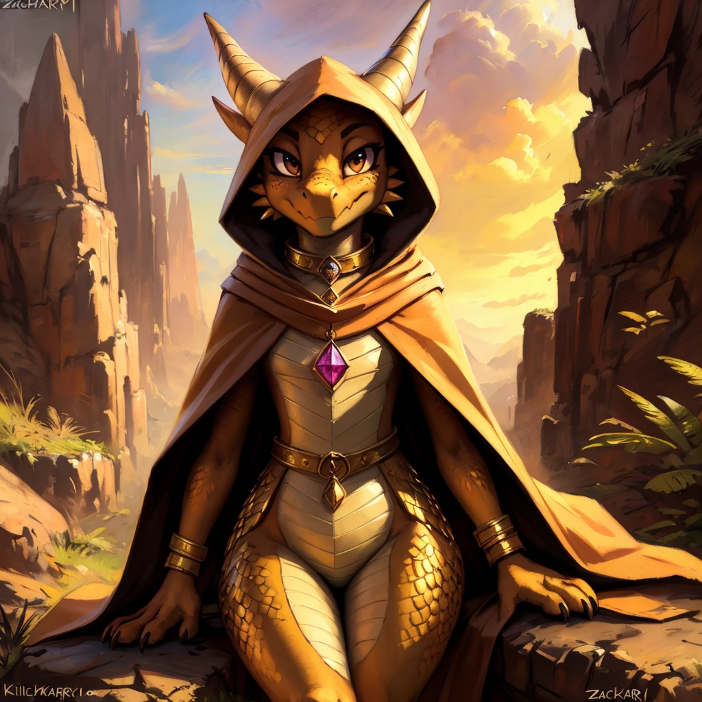 (((by Zackary911, by Kenket, by Kilinah))), solo female, bright gold skin, gold scales, (((gold Kobold)), (detailed gold kobold)) wearing a cloak with a hood, gem on the collar, bandaged thighs and bandaged chest, squirrel ears, gold kobold tail, front view, looking at the observer with a smug smile, perspective, finely detailed paws,