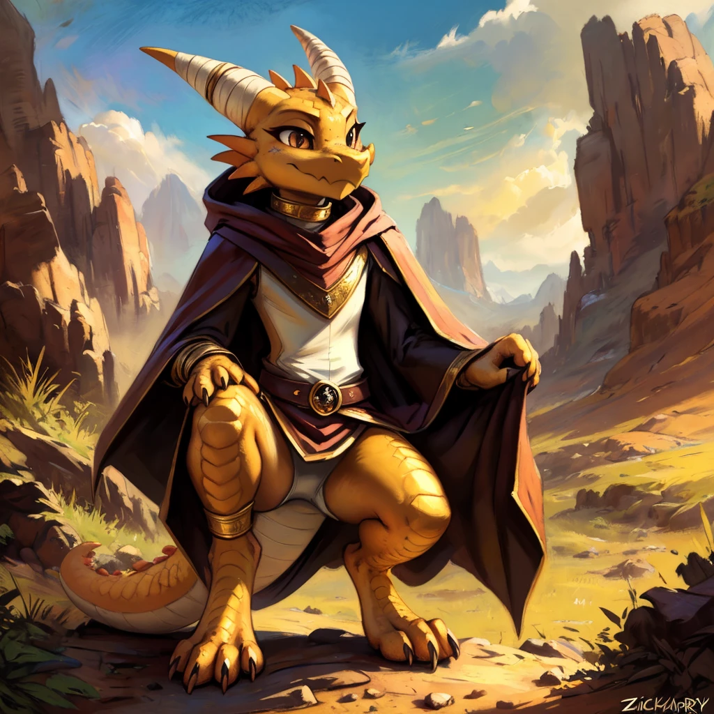(((by Zackary911, by Kenket, by Kilinah))), solo female, bright gold skin, gold scales, (((gold Kobold)), (detailed gold kobold)) wearing a cloak with a hood, gem on the collar, bandaged thighs and bandaged chest, squirrel ears, gold kobold tail, front view, looking at the observer with a smug smile, perspective, finely detailed paws,