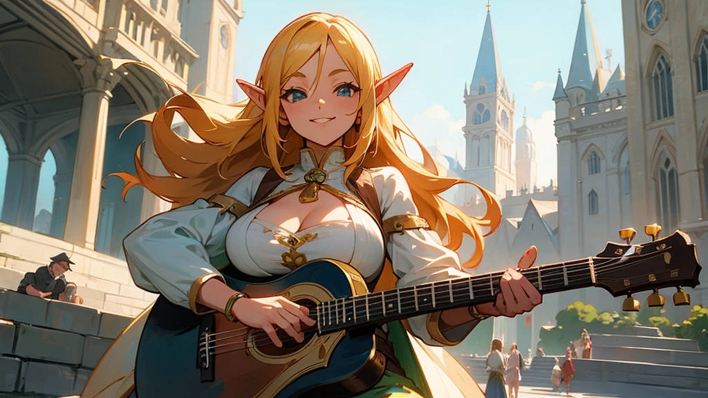 Thick thighs,Anime Style,A detailed background with many people,Magical World,A lively balcony with many people,Smiling bard beautiful elf girl,guitar,Large Breasts