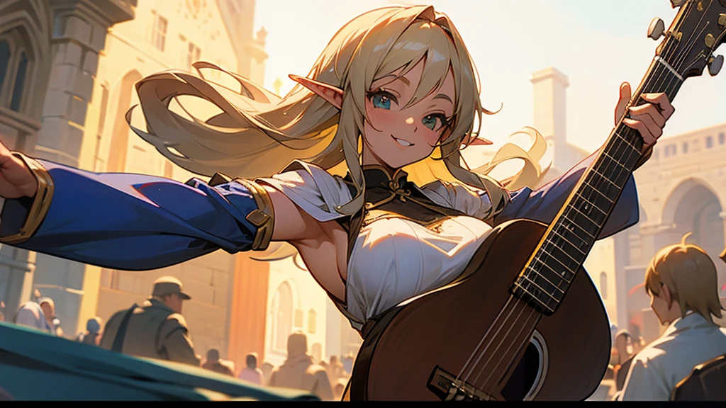 Anime Style,Nostalgic,Detailed background,The medieval world,In a busy square with many people,Smiling bard beautiful elf girl,guitar,Large Breasts,Underarm