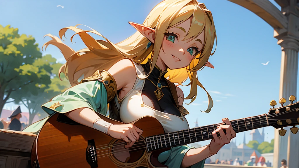 Anime Style,Nostalgic,Detailed background,The medieval world,In a busy square with many people,Smiling bard beautiful elf girl,guitar,Large Breasts,Underarm