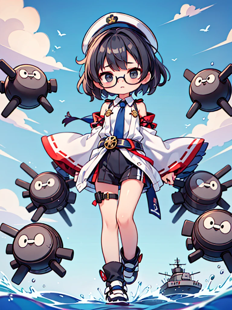 (((masterpiece, Vision))), ((((Full body of a woman with perfect flat chest、solo、Short unkempt black hair、Tie your messy hair at the nape of your neck、white military jacket、Miko costume、tights、Black glasses、White military cap、Cloudy black eyes、Confused eyes、Junyo-inspired emblem)))), (((Shipgirl))), ((Floating on the morning sea with both feet)), (Spread your legs wide open), (Hold the turret grip with your right hand), (Mechanical arms extending from the waist are used to equip the ship with battleship equipment.), (Equipped with a turret on the back), (Left arm holds the triple turret grip), Shotgun belt on thigh, Spreading the Machine's Wings, Machine tail, Mechanical arm holds the turret,