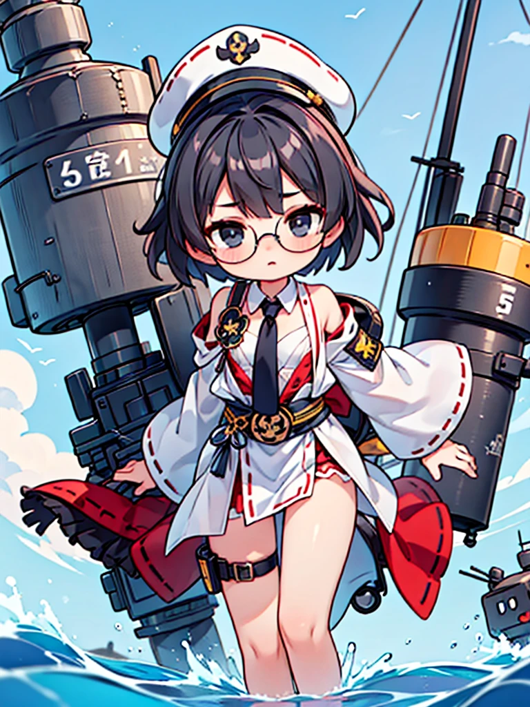 (((masterpiece, Vision))), ((((Full body of a woman with perfect flat chest、solo、Short unkempt black hair、Tie your messy hair at the nape of your neck、white military jacket、Miko costume、tights、Black glasses、White military cap、Cloudy black eyes、Confused eyes、Junyo-inspired emblem)))), (((Shipgirl))), ((Floating on the morning sea with both feet)), (Spread your legs wide open), (Hold the turret grip with your right hand), (Mechanical arms extending from the waist are used to equip the ship with battleship equipment.), (Equipped with a turret on the back), (Left arm holds the triple turret grip), Shotgun belt on thigh, Spreading the Machine's Wings, Machine tail, Mechanical arm holds the turret,