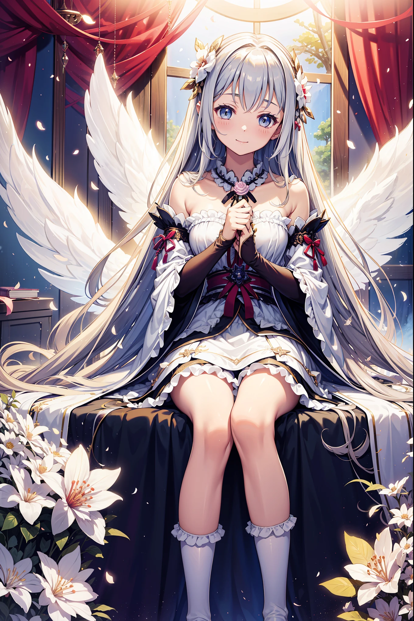 Alone,night,In the room,Happy expression,Cute girl,Transparent Pajamas,Transparent sleeves,magic,Petal edges,Light,Fluffy,Divine decoration,Sacred Theme,Lace,Ruffles,Extremely detailed CG 8k wallpaper,Best quality,masterpiece,high resolution,Beautiful face,Exquisite clothes,A few flowers are flying,Cute socks