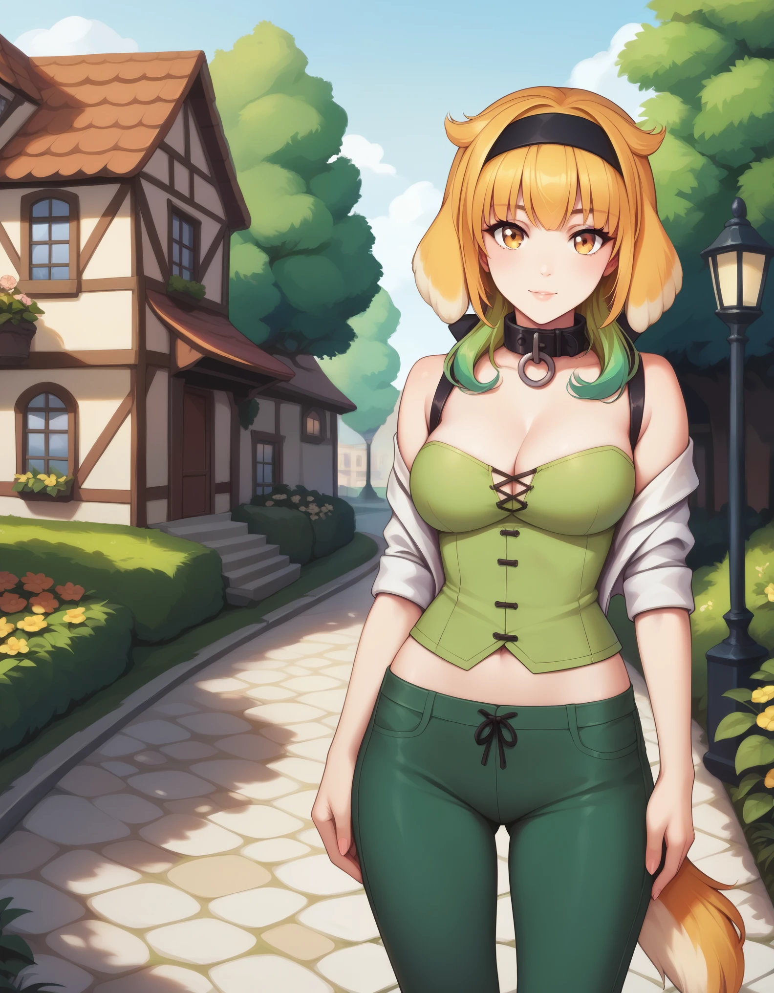 score_9, score_8_up, score_7_up, score_6_up, source_anime, BREAK 1girl, solo, masterpiece, semi-realistic, roxanne, multicolored hair, dog ears, black hairband, collar, off-shoulder shirt, cleavage, green vest, green pants, dog tail, 
medium breasts, medium ass, small waist, 
village, park detailed, quality background, 
standing, sexy pose,