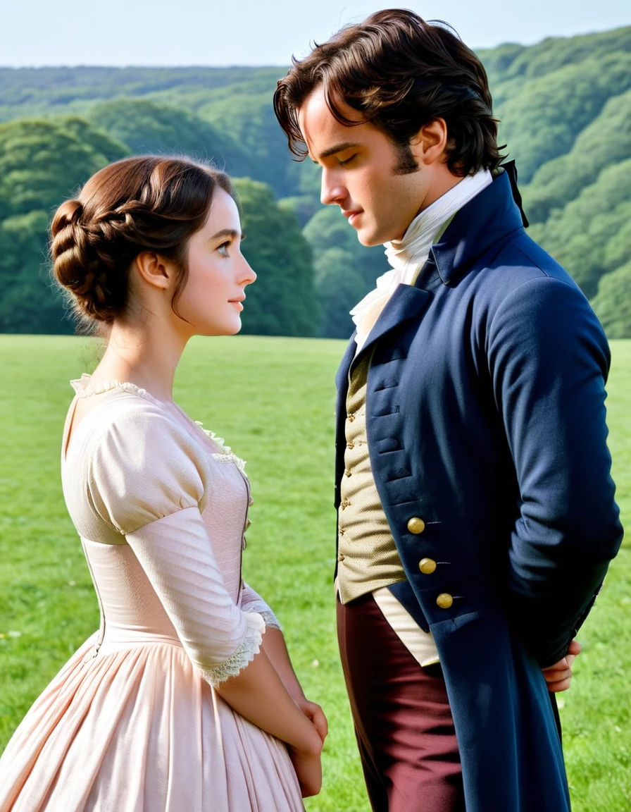 "You must allow me to tell you how ardently I admire and love you."

Image Prompt: Show a romantic scene with Mr. Darcy and Elizabeth, capturing the moment of his heartfelt confession of love.