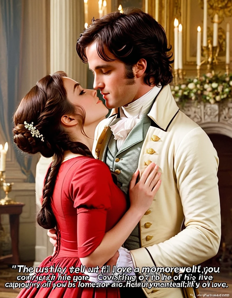 "You must allow me to tell you how ardently I admire and love you."
Image Prompt: Show a romantic scene with Mr. Darcy and Elizabeth, capturing the moment of his heartfelt confession of love.