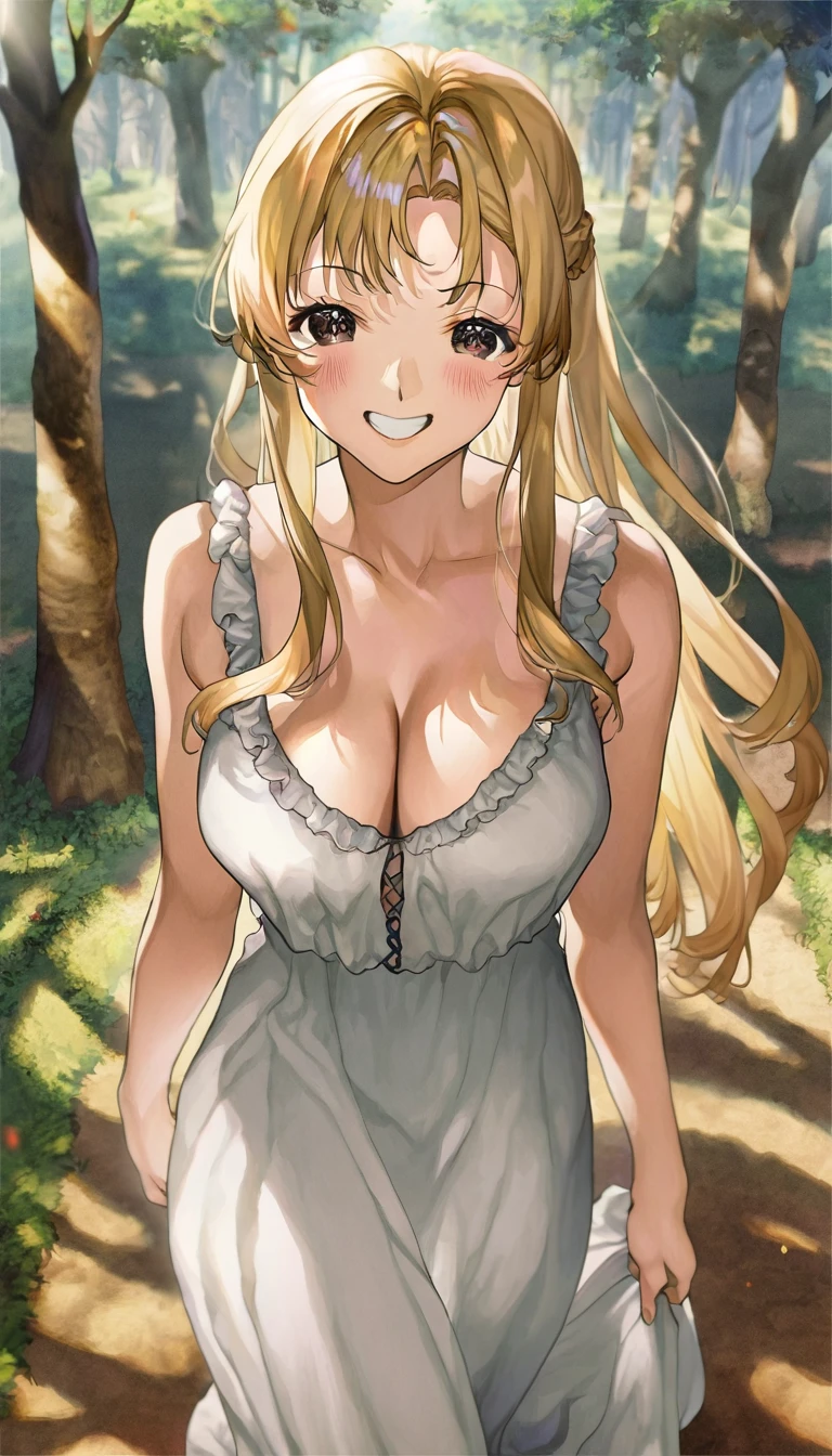 close-up view of a girl, white long dress, walking, at day, best lighting and shadow, amazing quality, very beautiful color, delicate face, cinematic lighting, by sage joh,blonde,20 years old,angry,grin,cleavage,sleeveless,black sclera eyes,village in forest