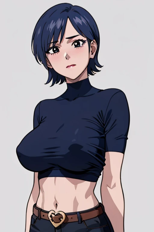 (beautiful detailed eyes, beautiful detailed face, perfect detailed body), mikictr, 1girl, solo, black eyes, short hair, closed mouth, lipstick, blush, large breasts, crop top, no bra, midriff, navel, upper body:1.5, standing, belt, blue short shorts, simple background