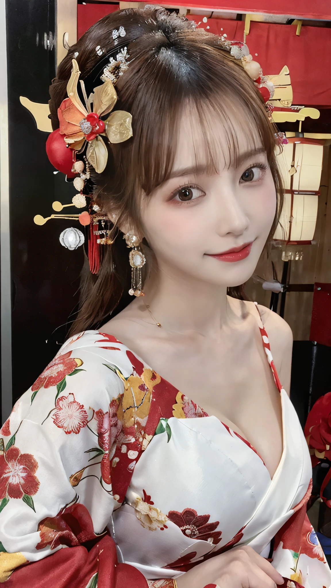 (Detailed skin:1.2),(Shiny skin:1.1),8K,Highest quality, masterpiece, Ultra-high resolution,(Realistic:1.4), RAW Photos,(Soft saturation:1.3),(Fair skin:1.2),Half-Japanese beauty,repair,20 years, Light brown hair, (Up-Hairstyles:1.2), Asymmetrical Hair, (Pretty face:1.4), (Large Breasts, Tight waist), Beautiful lighting, (Sexy Oiran:1.2,),Highly detailed face, Highly detailed lips, fine grain, double eyelid, (Sharp focus: 1.2), (Perfect Anatomy),(Beautiful woman with perfect figure: 1.2)、Exposing cleavage、Random sexy poses,(Accentuate your leg lines:1.1)、kimono、Sharp Eyes,smile、Gorgeous hair ornament、Japanese style background