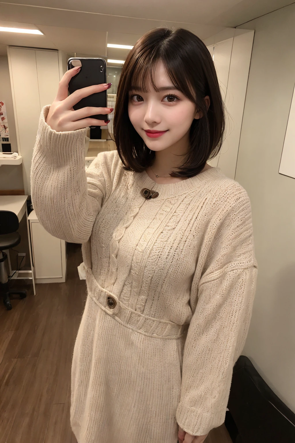 Selfie、Standing、 Wear warm clothes、indoor、Very short hair、Berry Shortcut、Highest quality, figure, Super detailed, In detail, High resolution, 8k wallpaper, Perfect dynamic composition, Beautiful attention to detail, dress,Medium Hair, Small breasts、Natural color lip, Random sexy poses,smile,24-years-old