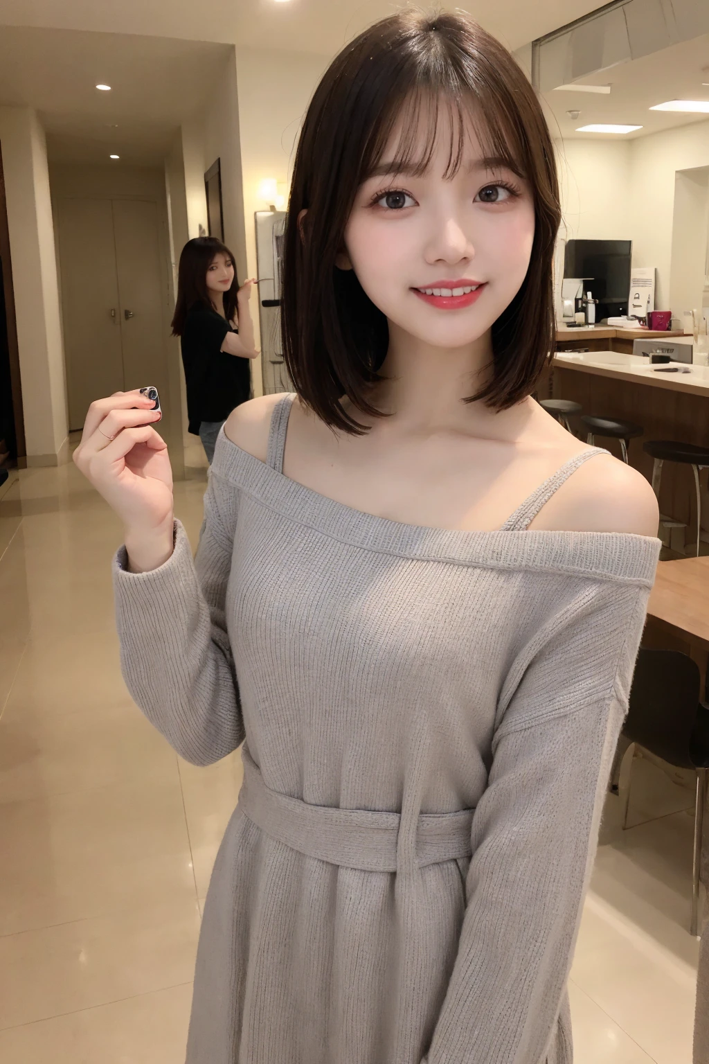 Selfie、Standing、 Wear warm clothes、indoor、Very short hair、Berry Shortcut、Highest quality, figure, Super detailed, In detail, High resolution, 8k wallpaper, Perfect dynamic composition, Beautiful attention to detail, dress,Medium Hair, Small breasts、Natural color lip, Random sexy poses,smile,24-years-old