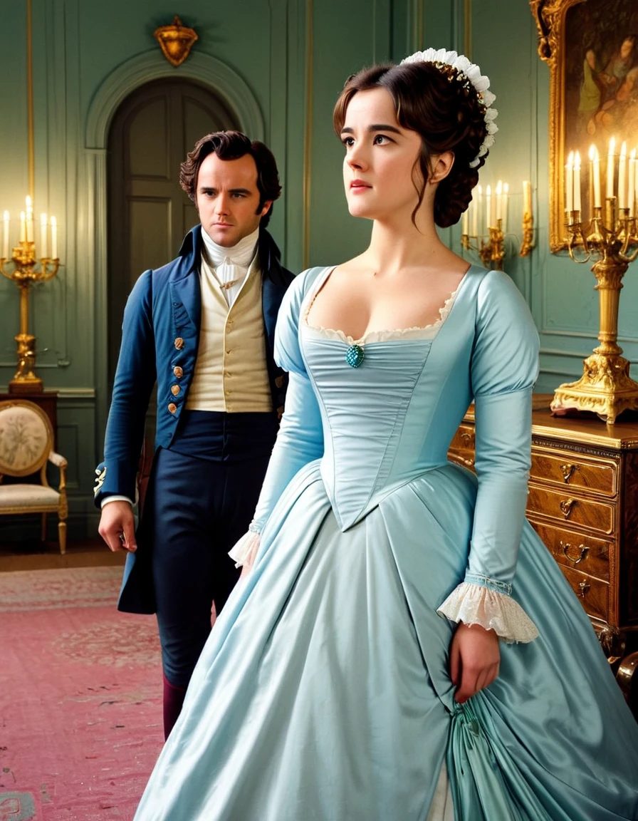 "She is tolerable, but not handsome enough to tempt me."

Image Prompt: Create a scene where Mr. Darcy makes his initial dismissive comment about Elizabeth's appearance, with her standing nearby, capturing her reaction.