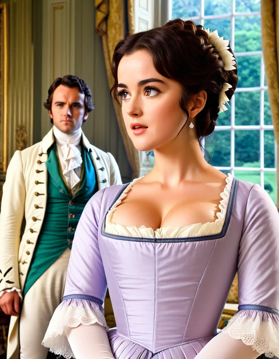 "She is tolerable, but not handsome enough to tempt me."
Image Prompt: Create a scene where Mr. Darcy makes his initial dismissive comment about Elizabeth's appearance, with her standing nearby, capturing her reaction.