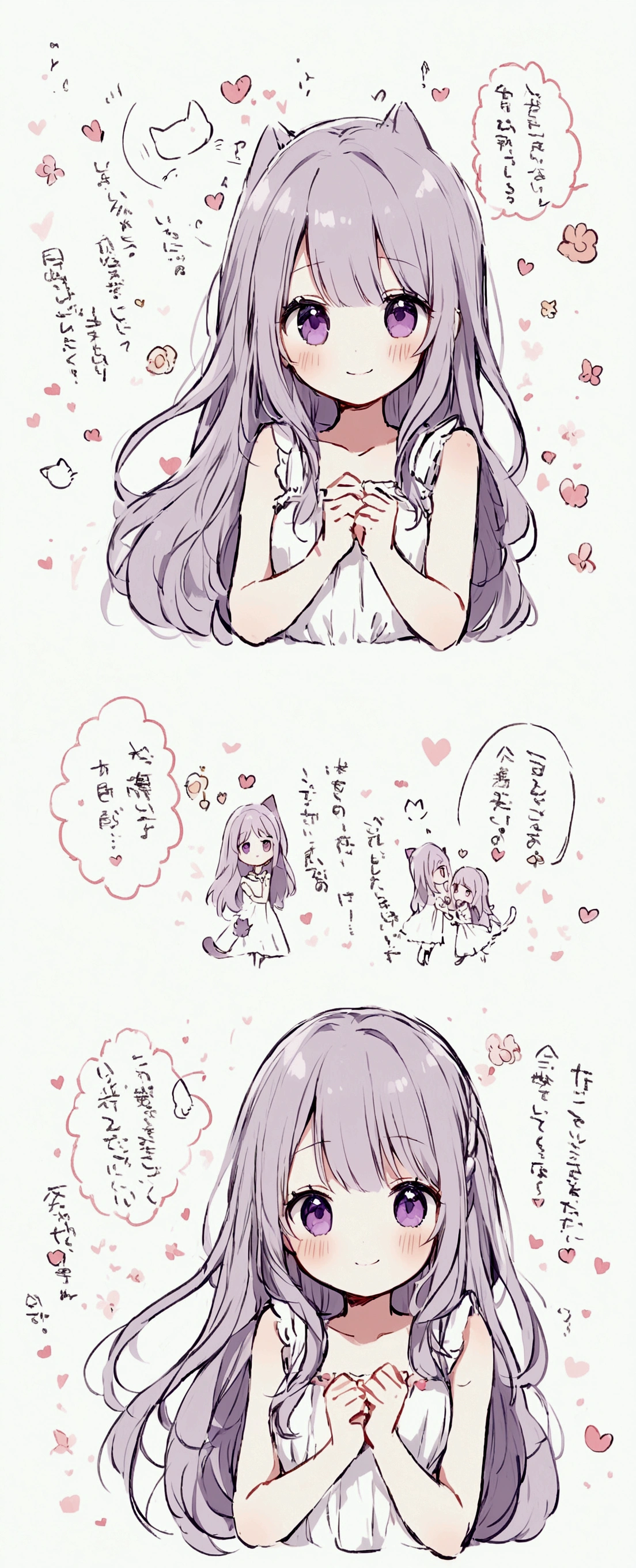 Detailed and precise manual work,White, long hair,Purple eyes,Cute white dress,Cat ear,Your shy smile is beautiful,Hand-drawn illustration