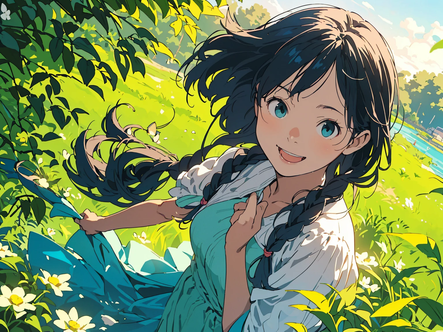 Reasonable design, Clear lines, High Sharpness, (Highest quality,8K,Perfect sharpness,Ultra fine,High resolution,masterpiece:1.2), Perfect Anatomy:1.5, Official Art, Illustrations that tell a story, (Whitish background:0. 9)、Body Positivity、多Mr.な身体表現、(Random and energetic poses)、Perfect beauty、Perfect beautiful face、Strong winds、A rich expression、Dynamic composition、smile、Golden ratio composition、colorful、((Mr.々Different angles and perspectives))、Anime Art、(Mini dress)、(Overcoming stereotypes)、 Glowing Skin、(Natural beauty)、smile、Bangs、(Soft and flowing hair)、(countryside)、(Nostalgic atmosphere)、Put up to your feet、(Playful and carefree)、(多Mr.な民族のキャラクター)、(innocent attitude)、(Sunny atmosphere)、(The skirt flutters wildly in the wind)、(Bright colors)、Beautiful Eyes、(Embarrassing)、Braided Hair、Summer Scene、Smiling among flowers、Side angle、