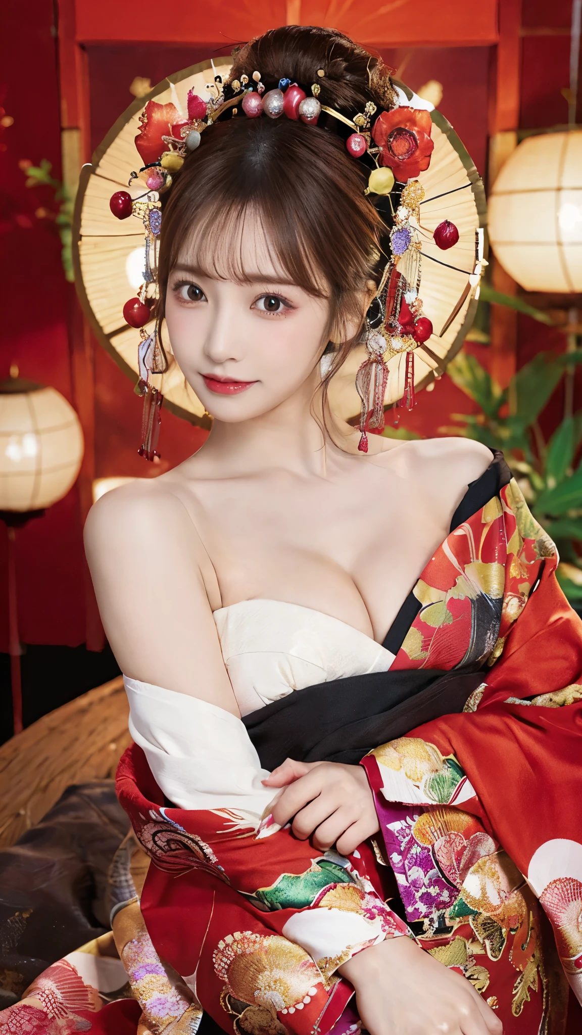 (Detailed skin:1.2),(Shiny skin:1.1),8K,Highest quality, masterpiece, Ultra-high resolution,(Realistic:1.4), RAW Photos,(Soft saturation:1.3),(Fair skin:1.2),Half-Japanese beauty,repair,20 years, Light brown hair, （Up-Hairstyles:1.2), Asymmetrical Hair, (Pretty face:1.4), (Large Breasts, Tight waist), Beautiful lighting, (Sexy Oiran:1.2,),Highly detailed face, Highly detailed lips, fine grain, double eyelid, （Sharp focus: 1.2）, （Perfect Anatomy),(Beautiful woman with perfect figure: 1.2）、Exposing cleavage、Random sexy poses，(Accentuate your leg lines:1.1)、kimono、Sharp Eyes,smile、Gorgeous hair ornament、Japanese style background