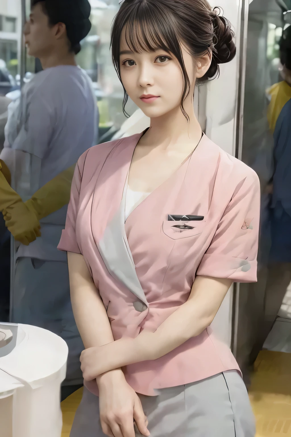 (masterpiece:1.2, Highest quality:1.2), 32k HDR, High resolution, (alone、1 girl)、 (Height: 160cm)、(On the rooftop of a building in the daytime、Professional Lighting)、Building rooftop background、(Nankai train crew uniform pinkを着たリアルスタイル)、(Nankai train crew uniform pink short sleeve collarless pink jacket、Nankai Train Crew Uniform Pink Collarless Short Sleeve Blouse、Nankai Train Crew Uniform Pink Grey Knee-length Culottes)、(The pink jacket is showing from the culottes.)、Dark brown hair、(Hair tied up、Hair tied up、Evening curly hairstyle)、Dark brown hair、Long Shot、Big Breasts、Thin legs、((Great hands:2.0)),((Harmonious body proportions:1.5)),((Normal limbs:2.0)),((Normal finger:2.0)),((Delicate eyes:2.0)),((Normal eyes:2.0)))、smile、(Nankai Train Crew Uniform Pink Grey Knee-length Culottesを見せた美しい歩く姿)、Place your hands around your stomach