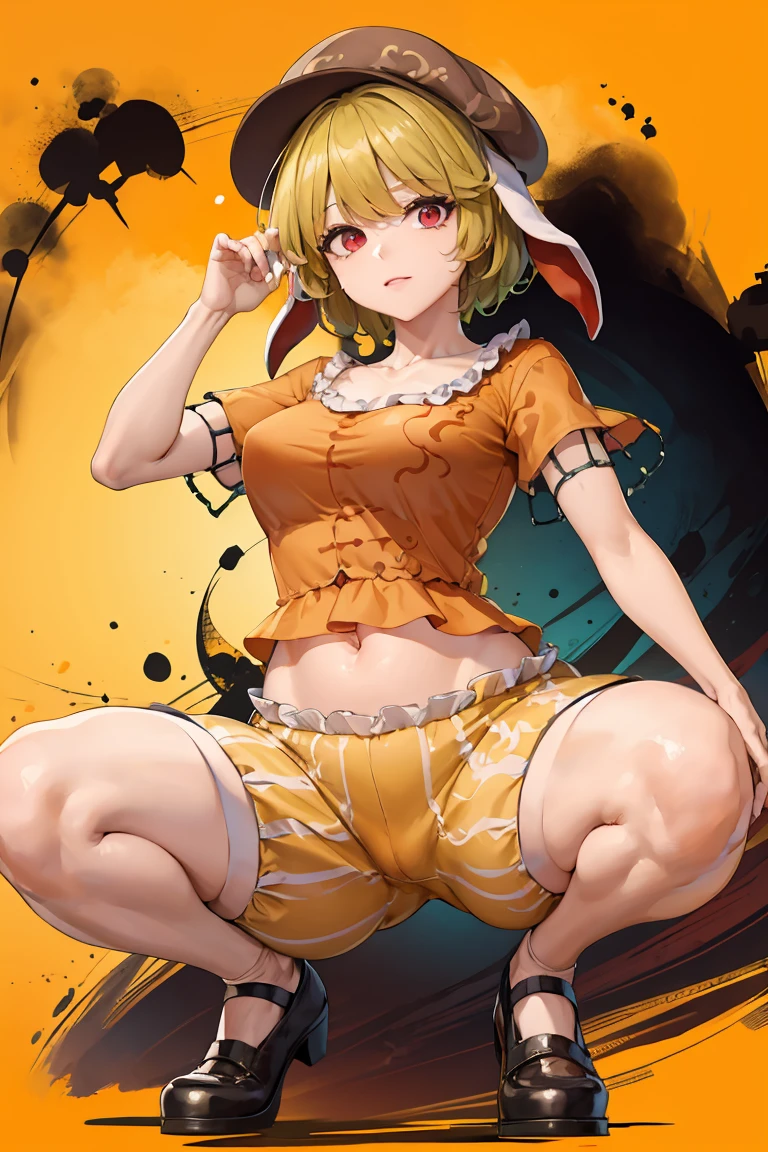 ringo \(Touhou\), by rubio, short hair, taxi driver hat, Orange shirt, belly button, rabbit ears, Red eyes, clavicle, ruffled dress, yellow shorts, big breasts, detailed face, detailed eyes, detailed hair, kneeling on her back showing anus