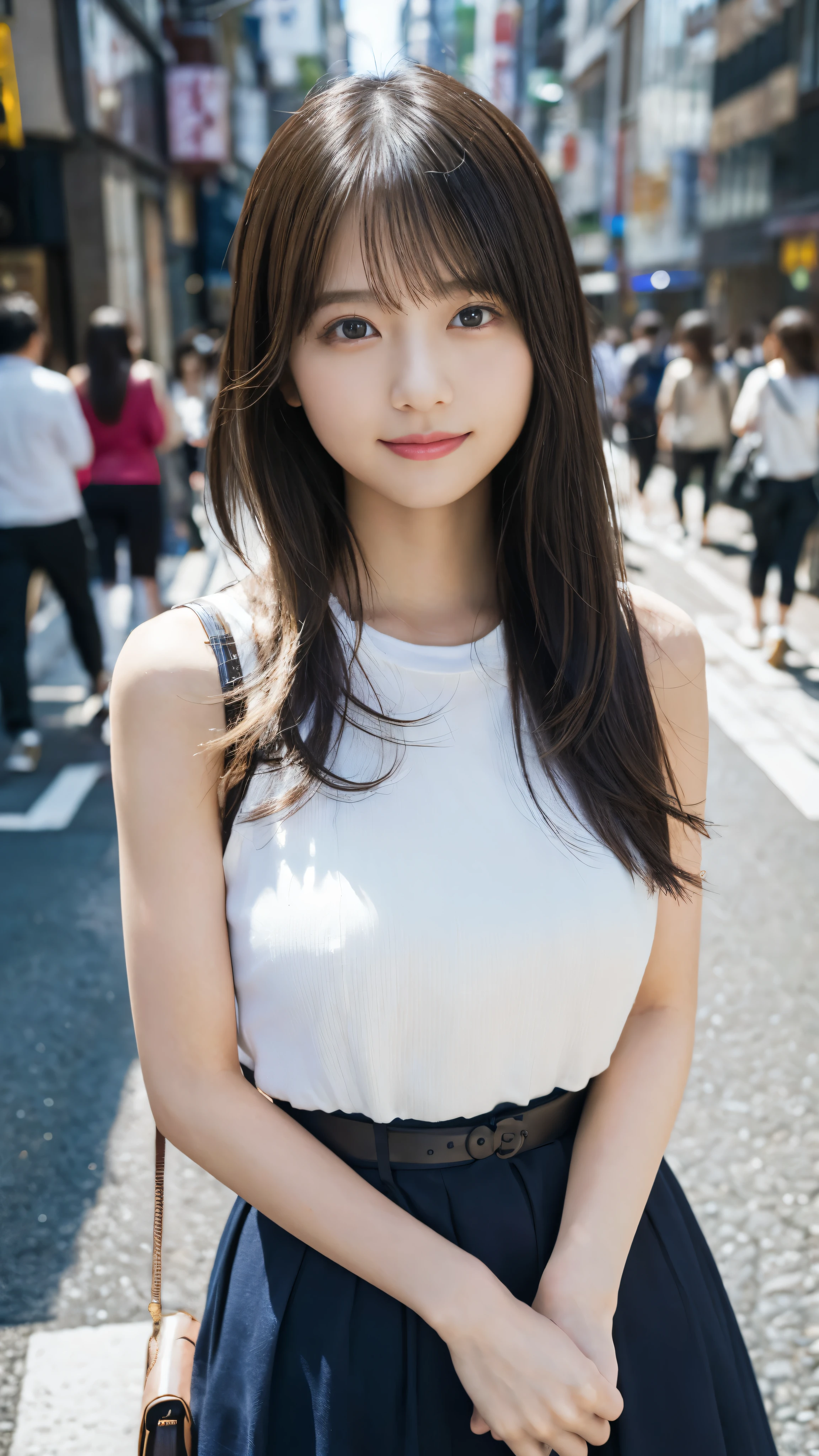 1人、on tokyo street、A city scape、The upper part of the body、a closeup、A smile、、(8K、Raw photography、top-quality、masterpiece:1.2)、(realisitic、photoRealstic:1.37)、Highly detailed eyelash drawing、(((Top image quality))),Colossal 、Fine skin, (Beautiful hair), (Perfect Anatomy), (Realistic), (Dynamic Angle), Pose Seductive,Perfect,Sensual look、top-quality、hight resolution、