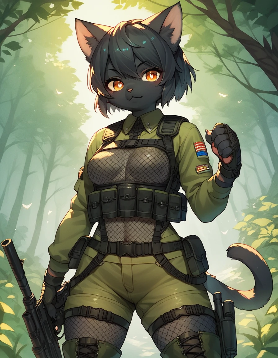 score_9, score_8_up) score_7_up, score_6_up, solo, cat, kemono, anthro, cute, short hair, orange eyes, white pupils, sexy, black fur, shorts, tactical harness, thigh high boots, assassin girl, mesh body suit, tactical gloves, medium breasts, forest background,