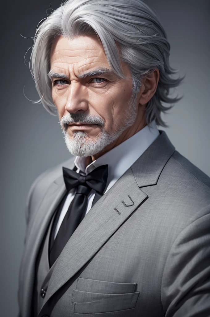 A gray-haired man with a scar over his eye, magician in tabletop RPG style
