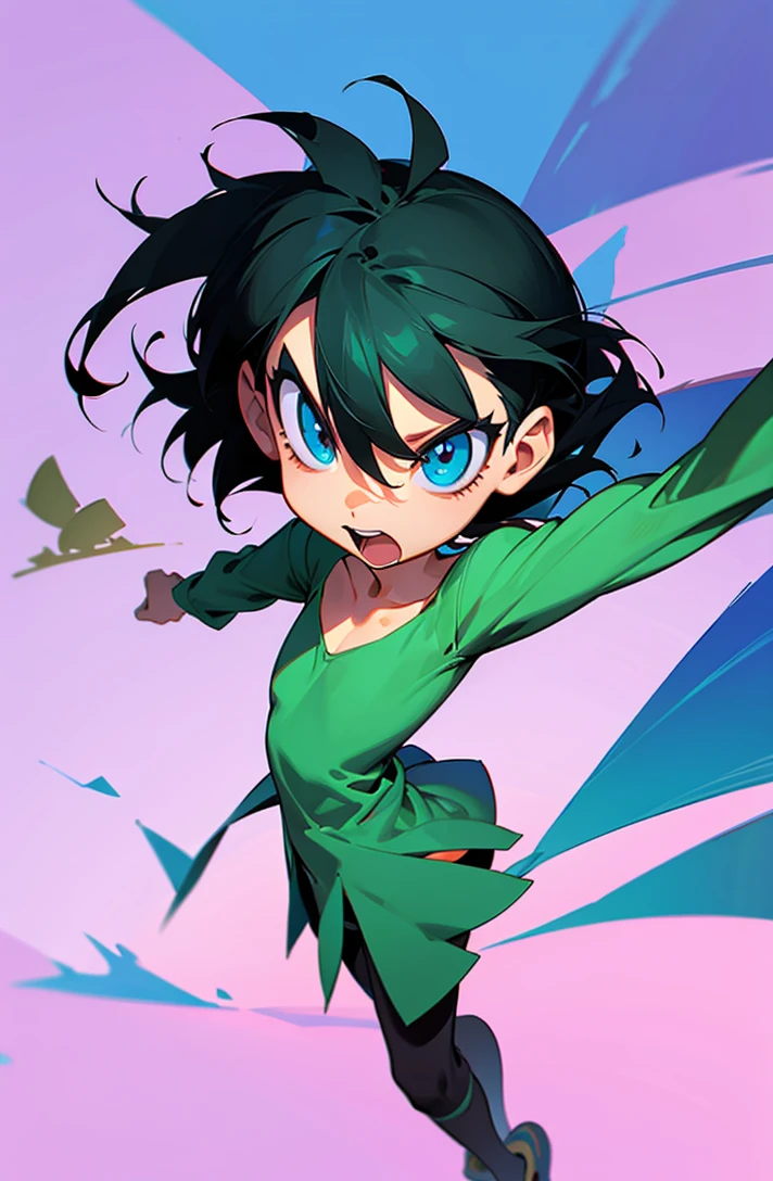 score_9, score_8_up, score_7_up, score_6_up, score_5_up, score_4_up, masterpiece, high quality, full body, 1girl, <lora:ButtrCup:0.9> ButtrCup, black hair 1girl, black hair, short hair, flying, green outfit <lora:attire_virgindestroyer_ponyXL:0.77> virgin destroyer sweater