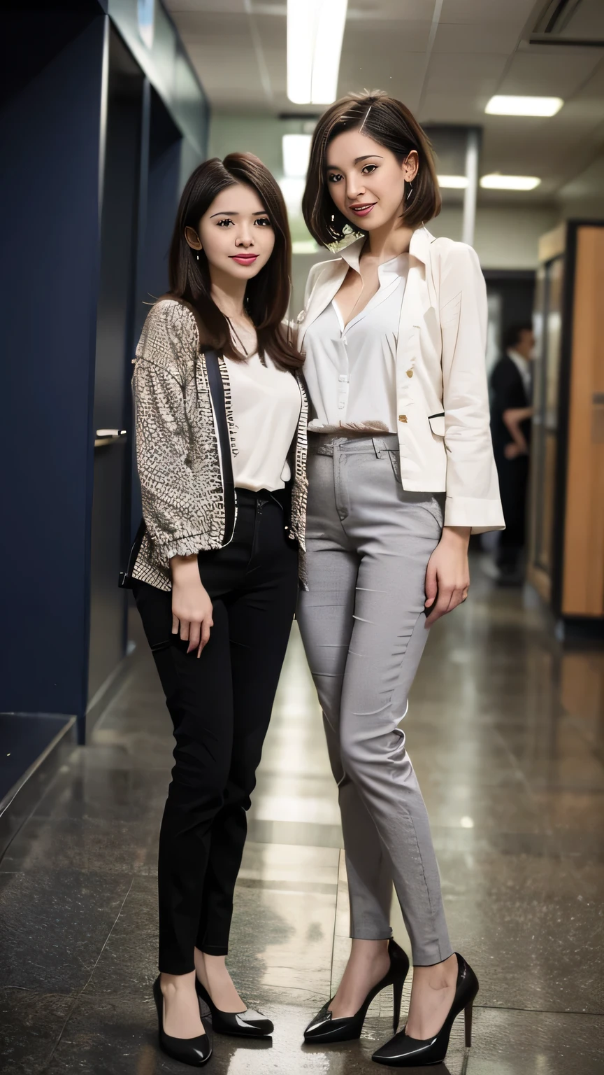 Delicate makeup，Two women standing side by side、Cool Beauty,　Accurately express the fine details of the face and skin texture,(The most beautiful face and eyes), double eyelid,Delicate skin,Looking into the camera、Short Haircut、smile、Jacket、shirt、Pants Style、((Are standing:1.3))、(Ultra-realistic pantyhose:1.2), (High heels)、(Business services)、 indoor, Photo Background,The background is the office


