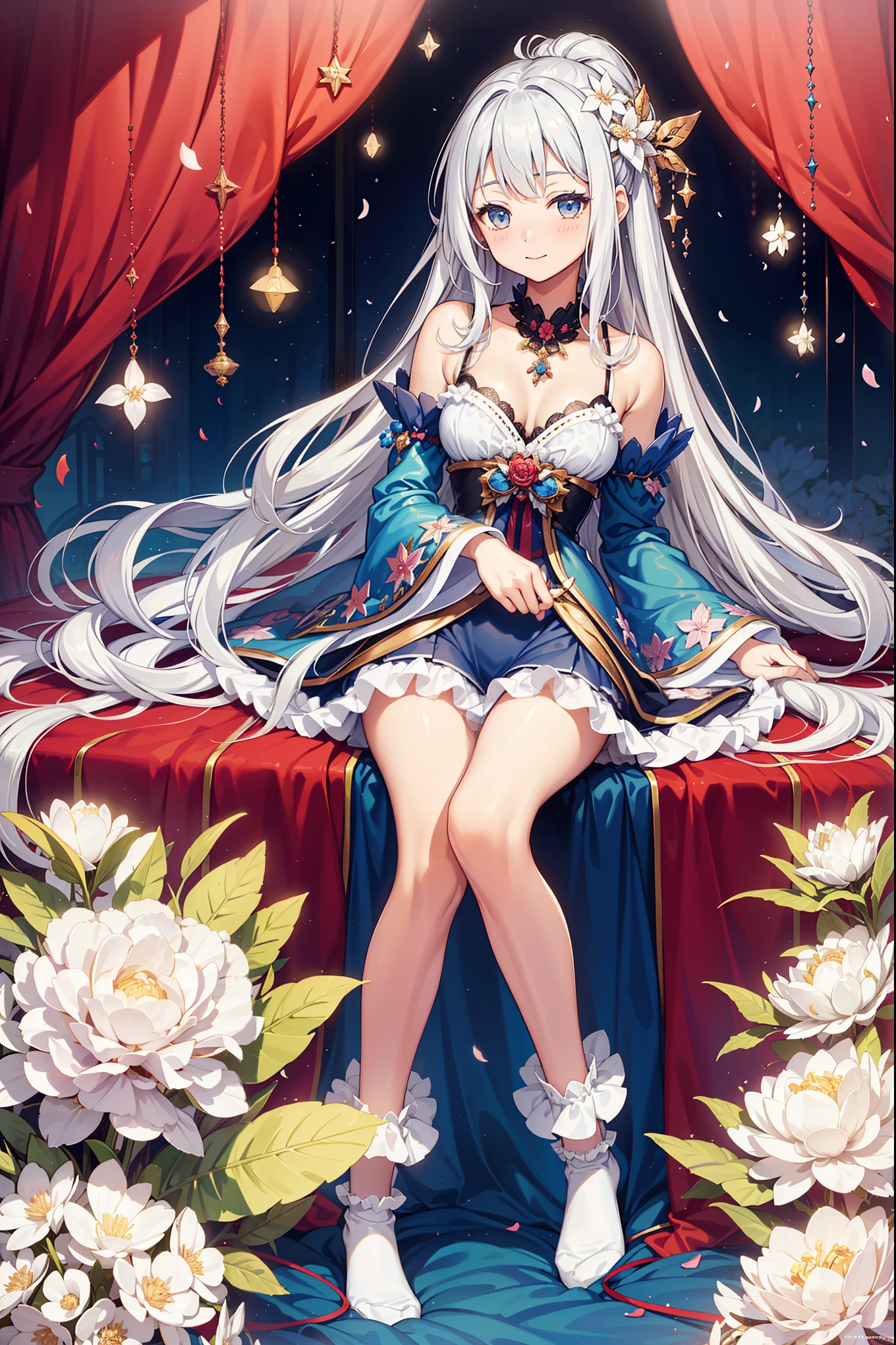 Alone，night，In the room，Happy expression，Cute girl，Transparent Pajamas，Transparent sleeves，magic，Petal edges，Light，Fluffy，Divine decoration，Sacred Theme，Lace，Ruffles，Extremely detailed CG 8k wallpaper，Best quality，masterpiece，high resolution，Beautiful face，Exquisite clothes，A few flowers are flying，Cute socks