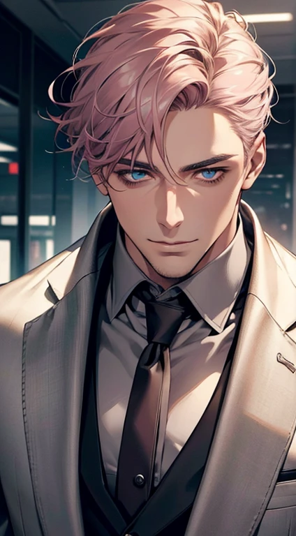 (best quality,4k,8k,highres,masterpiece:1.2),ultra-detailed,(realistic,photorealistic,photo-realistic:1.37),1 man,31 years old,mature man,very handsome,without expression,smile,short grey pink hair,blue eyes,penetrating gaze,perfect face without errors,imposing posture,businessman,office background,cinematic lighting,hdr image