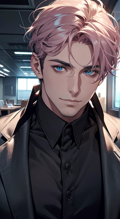 (best quality,4k,8k,highres,masterpiece:1.2),ultra-detailed,(realistic,photorealistic,photo-realistic:1.37),1 man,31 years old,mature man,very handsome,without expression,smile,short grey pink hair,blue eyes,penetrating gaze,perfect face without errors,imposing posture,businessman,office background,cinematic lighting,hdr image
