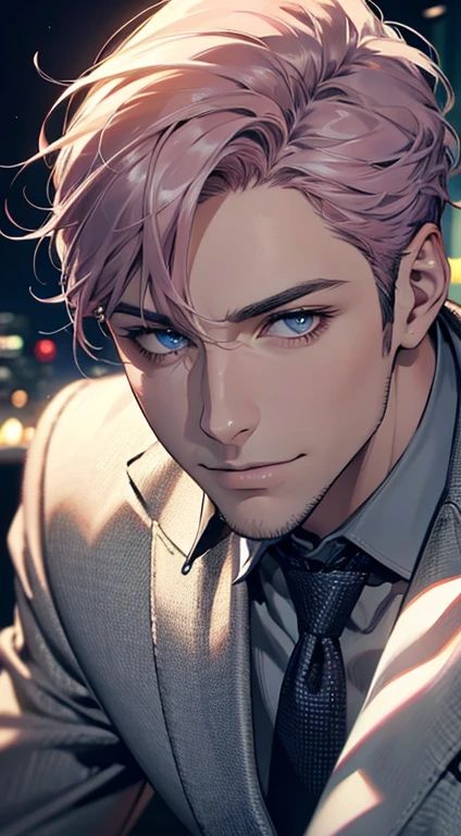 (best quality,4k,8k,highres,masterpiece:1.2),ultra-detailed,(realistic,photorealistic,photo-realistic:1.37),1 man,31 years old,mature man,very handsome,without expression,smile,short grey pink hair,blue eyes,penetrating gaze,perfect face without errors,imposing posture,businessman,office background,cinematic lighting,hdr image