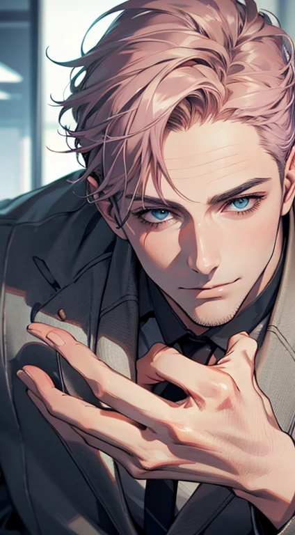 (best quality,4k,8k,highres,masterpiece:1.2),ultra-detailed,(realistic,photorealistic,photo-realistic:1.37),1 man,31 years old,mature man,very handsome,without expression,smile,short grey pink hair,blue eyes,penetrating gaze,perfect face without errors,imposing posture,businessman,office background,cinematic lighting,hdr image