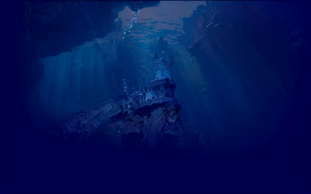 uhd, masterpiece, anatomically correct, textured skin, super detail, high details, high quality, best quality, highres,16K, vivid,Complex intricate details,Very refined depth of field,Photorealism,Professional Lighting,There is a castle in the middle of the deep blue ocean, deep sea landscape, Underwater Edinburgh Castle, Undersea temple, Underwater city, a dark underwater scene, bubble, Deep under the sea, Underwater scenery, A huge floating castle, Under the Deep Sea, Deep under the sea scene, Night on the seabed, Seabed environment, Undersea fish
