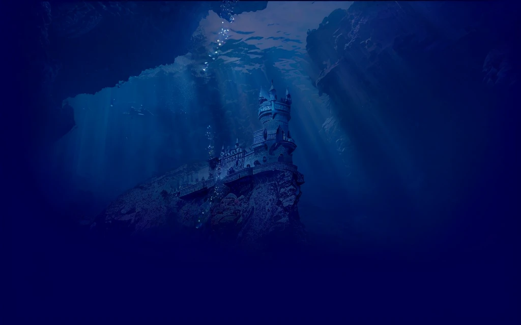 uhd, masterpiece, anatomically correct, textured skin, super detail, high details, high quality, best quality, highres,16K, vivid,Complex intricate details,Very refined depth of field,Photorealism,Professional Lighting,There is a castle in the middle of the deep blue ocean, deep sea landscape, Underwater Edinburgh Castle, Undersea temple, Underwater city, a dark underwater scene, bubble, Deep under the sea, Underwater scenery, A huge floating castle, Under the Deep Sea, Deep under the sea scene, Night on the seabed, Seabed environment, Undersea fish