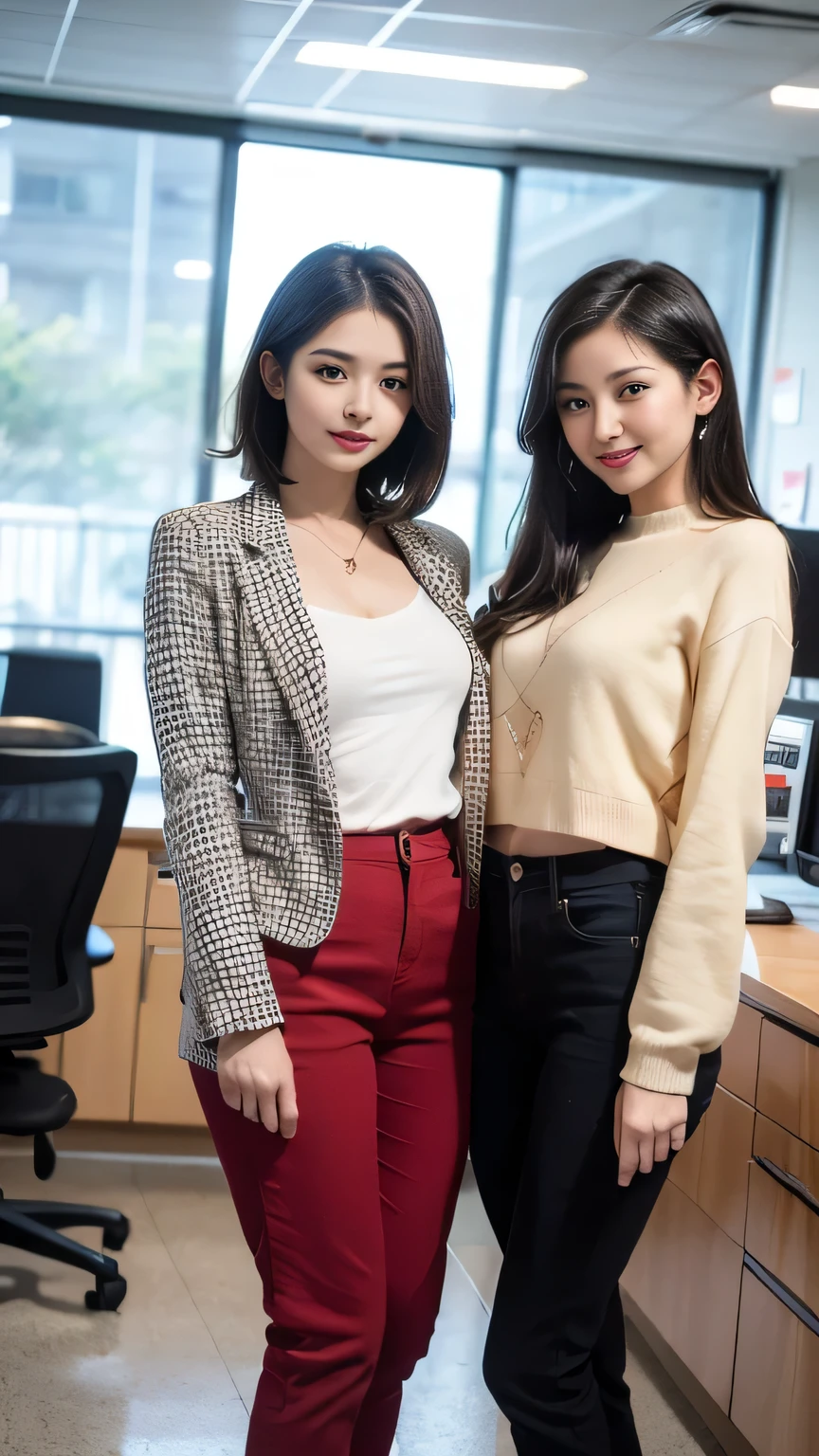Delicate makeup，Two women standing side by side、Cool Beauty,　Accurately express the fine details of the face and skin texture,(The most beautiful face and eyes), double eyelid,Delicate skin,Looking into the camera、Short Haircut、smile、Jacket、shirt、Pants Style、((Are standing:1.3))、(Ultra-realistic pantyhose:1.2), (High heels)、(Business services)、 indoor, Photo Background,The background is the office

