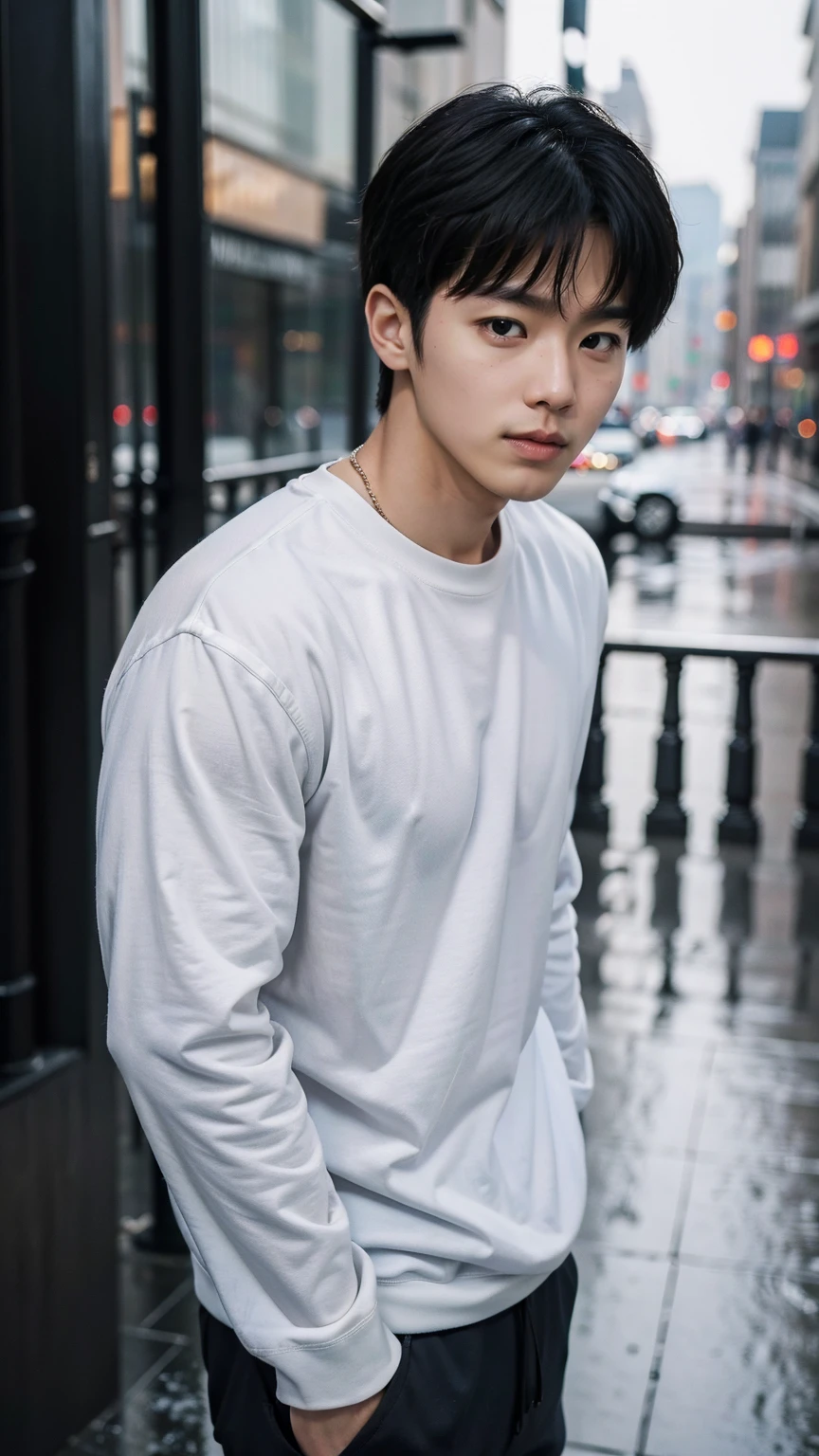 The captivating images show handsome Korean men, 32 years old、 He is wearing a white shirt, black sweatshirt and black sandals.、Standing in the rainy city, Attention to detail, This realistic portrait embodies the National Geographic style., Capture every nuance of skin texture with 8K resolution. His features stand out with pure clarity, From deep-set eyes to a chiseled jawline, Make this image a true masterpiece. life, Highest quality, 8K Ultra HD+, Leica digital SLR camera、Jeon Jungkook