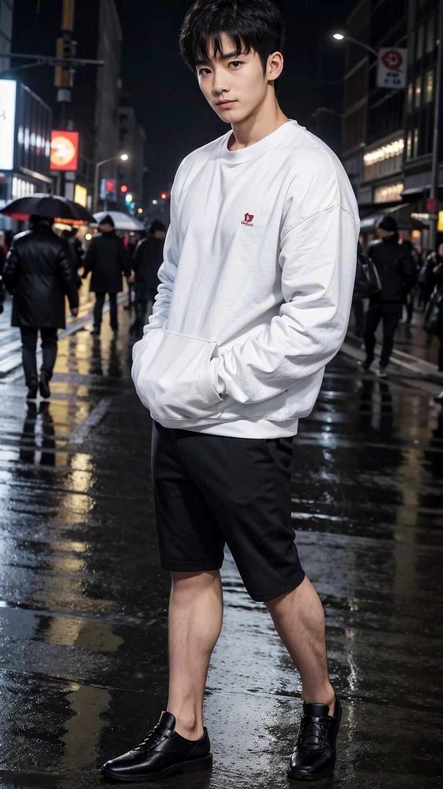 The captivating images show handsome Korean men, 32 years old、 He is wearing a white shirt, black sweatshirt and black sandals.、Standing in the rainy city, Attention to detail, This realistic portrait embodies the National Geographic style., Capture every nuance of skin texture with 8K resolution. His features stand out with pure clarity, From deep-set eyes to a chiseled jawline, Make this image a true masterpiece. life, Highest quality, 8K Ultra HD+, Leica digital SLR camera、Jeon Jungkook