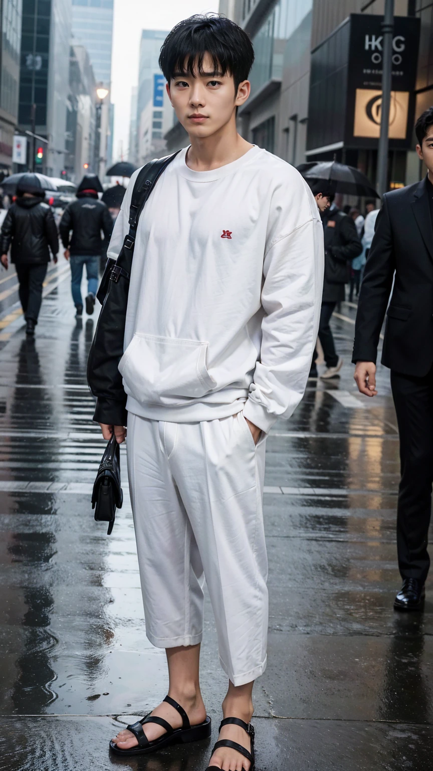 The captivating images show handsome Korean men, 32 years old、 He is wearing a white shirt, black sweatshirt and black sandals.、Standing in the rainy city, Attention to detail, This realistic portrait embodies the National Geographic style., Capture every nuance of skin texture with 8K resolution. His features stand out with pure clarity, From deep-set eyes to a chiseled jawline, Make this image a true masterpiece. life, Highest quality, 8K Ultra HD+, Leica digital SLR camera、Jeon Jungkook