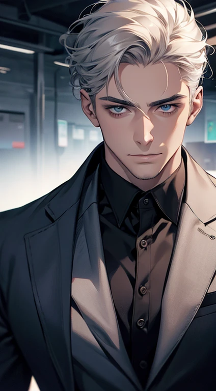 (best quality,4k,8k,highres,masterpiece:1.2),ultra-detailed,(realistic,photorealistic,photo-realistic:1.37),1 man,31 years old,mature man,very handsome,without expression,smile,short grey white hair,blue eyes,penetrating gaze,perfect face without errors,imposing posture,businessman,office background,cinematic lighting,hdr image