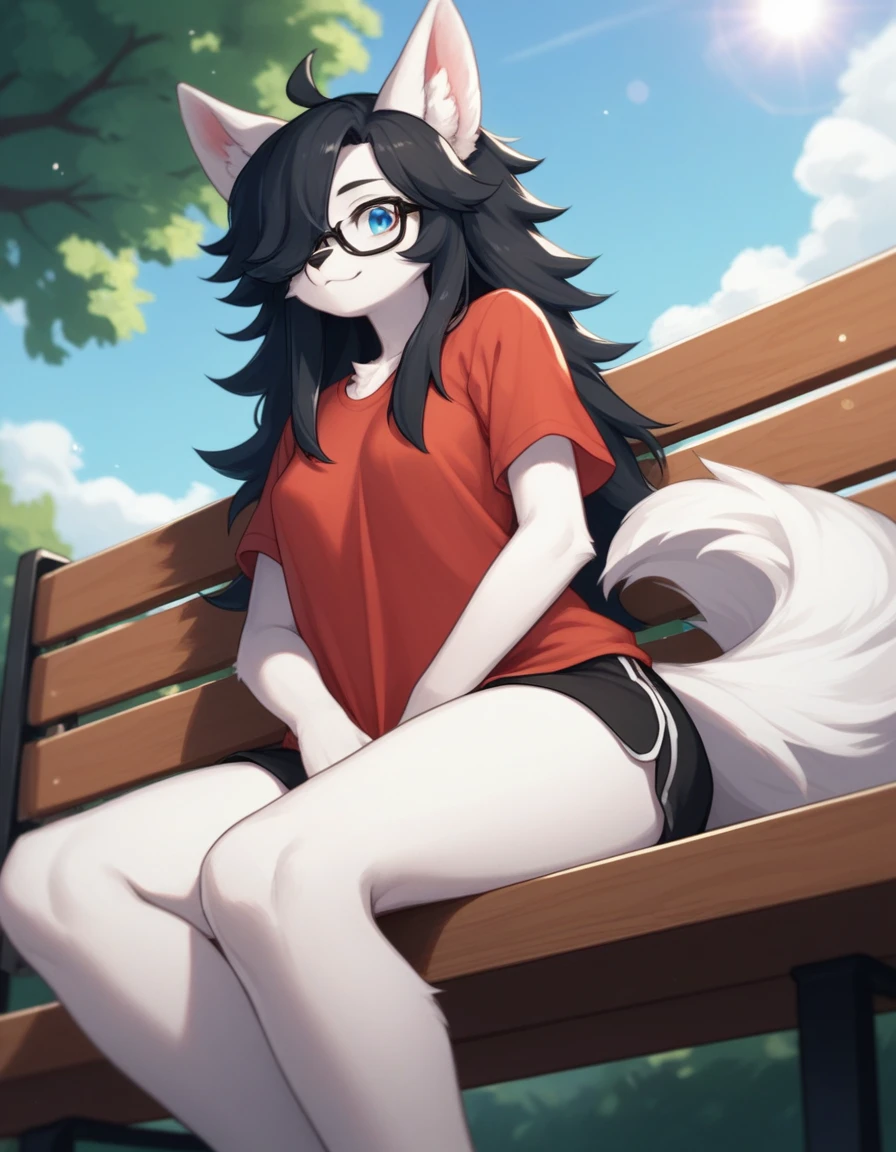 Solo, score_9,score_8_up,score_7_up, kemono style, a young nerdy Anthro furry wolf woman, wolf snout, white furry body, tall, long black messy hair, black hair, hair in a pony tail, hair covering one eye, white wolf tail, black glasses, blue eyes, white wolf ears, white wolf tail, small breasts, wearing oversized red t shirt, black boy shorts, standing, outdoors, at a park,