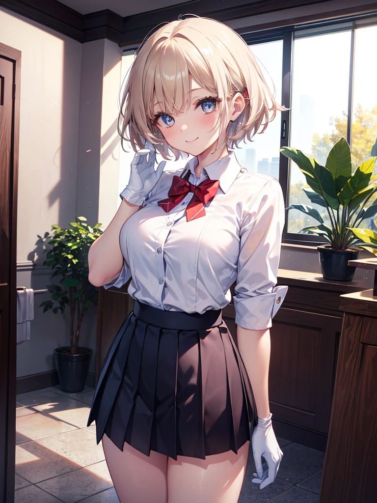 (8K, RAW photos, best quality, masterpiece:1.2), (Practical, photo-Practical:1.37), Extremely detailed, 1 girl,Lovely, Solitary,Beautiful and detailed sky,(Red and swollen nose),(Smile:1.1),(Shut up),Large Breasts, seductive Smile, Big Apartment, Professional lighting, Sony A7R4, Jersey 50mm F1.8, Medium breasts,Beautiful and delicate eyes,(Collared shirt:1.1), bow tie,Pleated Skirt,(short hair:1.2),Flowing hair ，Long hair，White gloves，Eyes with highlights，miniskirt，
