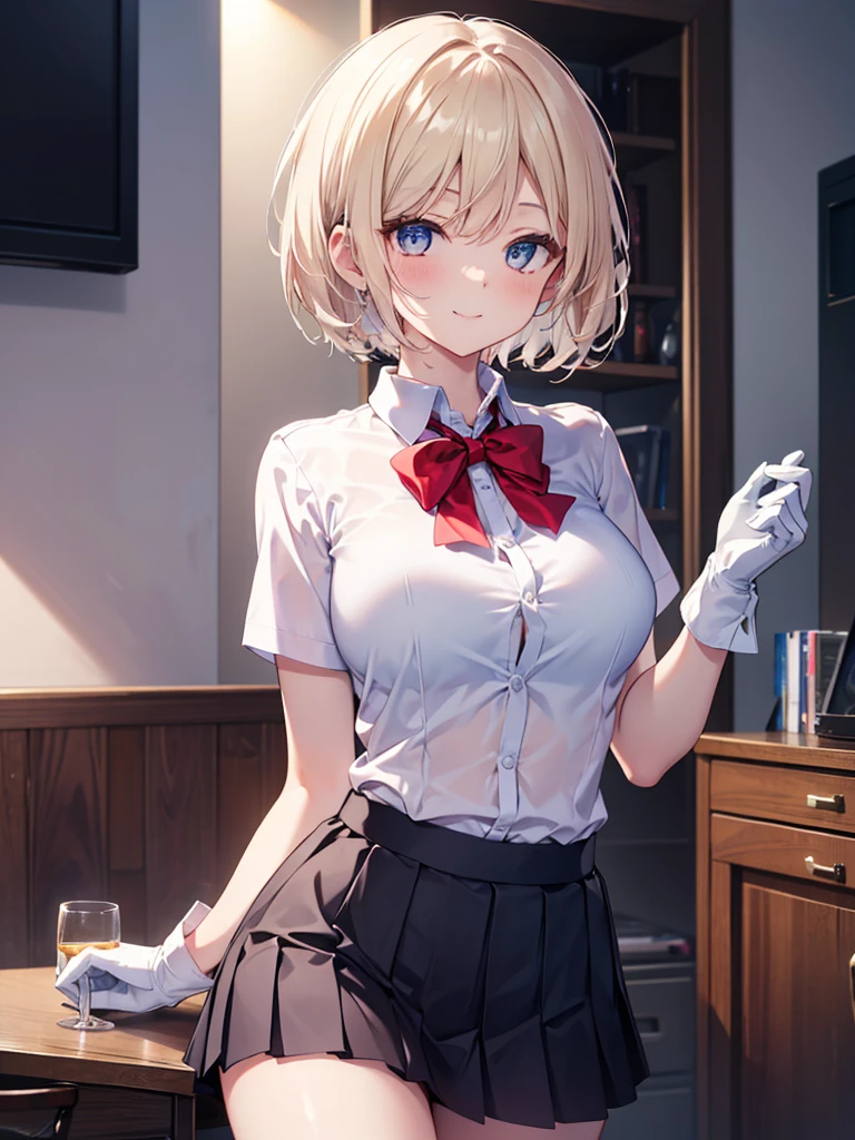 (8K, RAW photos, best quality, masterpiece:1.2), (Practical, photo-Practical:1.37), Extremely detailed, 1 girl,Lovely, Solitary,Beautiful and detailed sky,(Red and swollen nose),(Smile:1.1),(Shut up),Large Breasts, seductive Smile, Big Apartment, Professional lighting, Sony A7R4, Jersey 50mm F1.8, Medium breasts,Beautiful and delicate eyes,(Collared shirt:1.1), bow tie,Pleated Skirt,(short hair:1.2),Flowing hair ,Long hair,White gloves,Eyes with highlights,miniskirt,