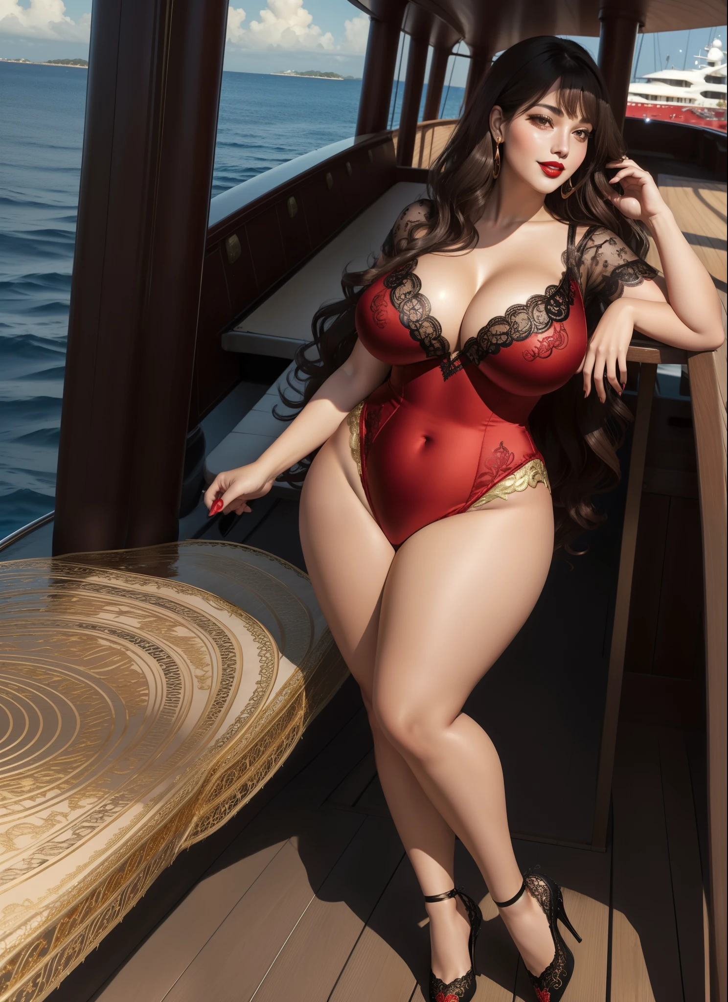 Jessica Rabbit, 27 years old, full body view Beautiful woman (((long wavy brunette hair, two side up with bangs))) defined body, voluptuous, sexy, Red lipstick, hands free, mouth slightly open, smiling, standing facing camera, ((( short sleeve, sparkling gold satin leotard with black lace trim and black lace embroidering and matching heels))), on the deck of a super yacht anchored near a tropical island, (large_breasts:1.4) (curvy:1.3)(chubby:1.0)