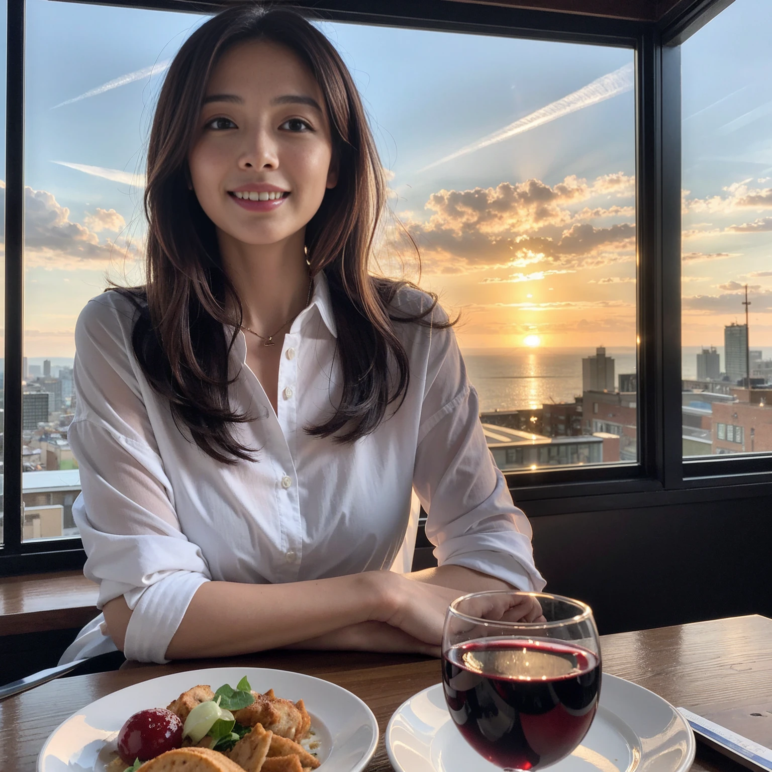 ((Highest quality、8K、masterpiece:1.3))、slimカップル、Pink rubber、modelカップル、(Realistic, Intricate details:1.2), full-course dinner、Wine Party、Amazing view of the sunset sky and clouds、A bright smile、The wonderfulness of smile、Bright image、The beauty of wine, Beautiful Face, blue eyes, The light shines on your face, Blushing, short hair,Bright Face、 (Age 37), 39 years old, red wine 、Appetizers、Italian food、Wine bottle、Champagne、sparkling wine、Two beauties、Brown Hair、Shortcuts、Long sleeve shirt、dress、Beautiful woman 1, (slimな顔), (The body is slim), (Brown Hair), (Shortcuts), cheeks turn a little red,Attractive beauty、restaurant, In a prominent place (From the waist up) Nova Frog Style, actress, model, Upper Body, White wine, slim, wine glass, 中央に置かれたwine glass, smile, (smile: 1.15), Beautiful fine grain, Depth f/2,saturation, High Contrast, Strong light and shadow,Moist Body:1.5、3D texture、Delicate eyes、Brown Hair、The hair is very shiny、