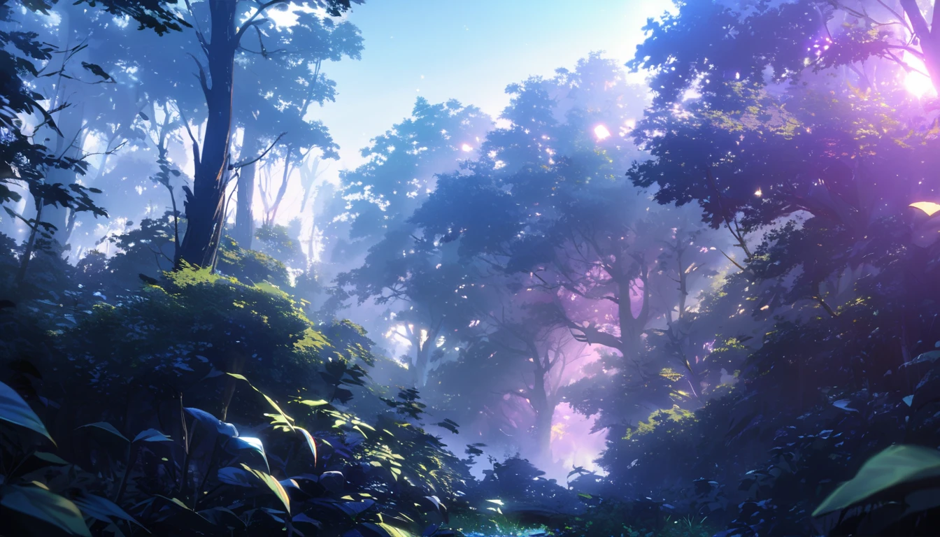 Eerie Dark Forest, Trees in the fog々Sunlight shines in from between, Cinematic forest lighting,
