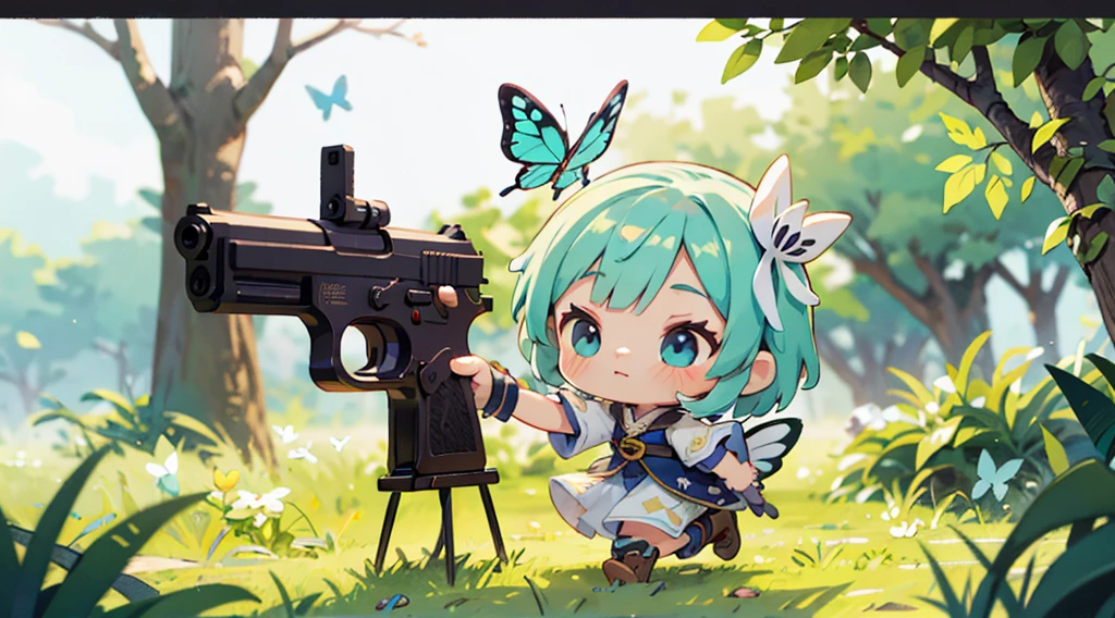 Octane Render、(Hyper-detailing: 1.15)、cinematic lightening、Cute Fantasy Princess、Handgun shooting practice、Fine Pattern Pistol,long boots、ultradetailed eyes、Full Paint、（Floral hair ornament、butterfly hair ornament）、masutepiece、Anatomically correct、blur、depth of fields