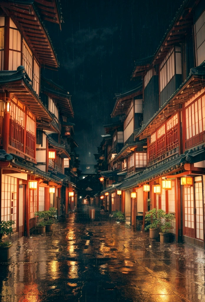 A view of the village with many lights on the buildings, Dreamy city in China, Chinese Village, Awesome Wallpapers, Japanese Street, Japanese Village, 超リアルな町のphotograph, Old Asian Village, Japanese cities, Raymond Han, Rainy night, Cyberpunk Chinese Ancient Castle, beautifully照らされた建物, Rainy Evening, beautifully、aesthetic, photograph, Cinematic, 8K, Detailed ((heavy rain)))