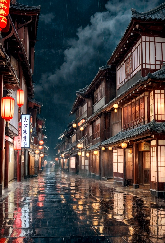A view of the village with many lights on the buildings, Dreamy city in China, Chinese Village, Awesome Wallpapers, Japanese Street, Japanese Village, 超リアルな町のphotograph, Old Asian Village, Japanese cities, Raymond Han, Rainy night, Cyberpunk Chinese Ancient Castle, beautifully照らされた建物, Rainy Evening, beautifully、aesthetic, photograph, Cinematic, 8K, Detailed ((heavy rain)))